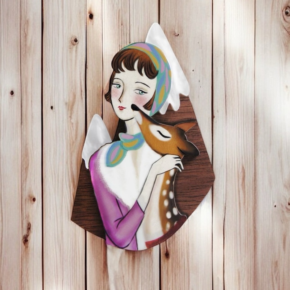 Girl with deer & mountains brooch Christmas jewellery by laliblue